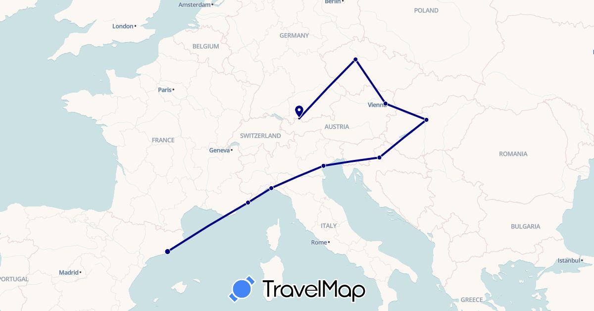 TravelMap itinerary: driving in Austria, Czech Republic, Germany, Spain, Croatia, Hungary, Italy, Monaco (Europe)